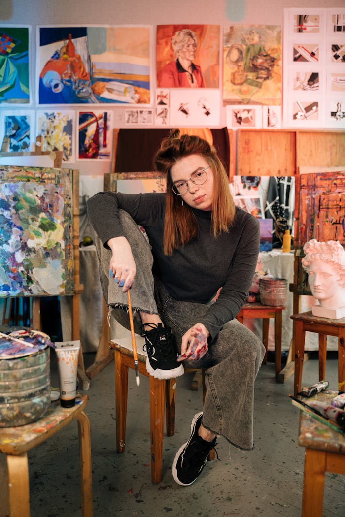 A female artist sitting in a colorful studio surrounded by her paintings, showcasing creativity and style.
