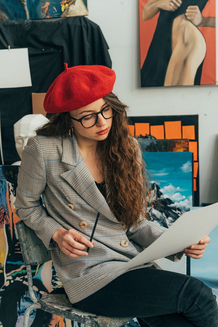 Young woman artist wearing a red beret sitting in studio analyzing artwork.