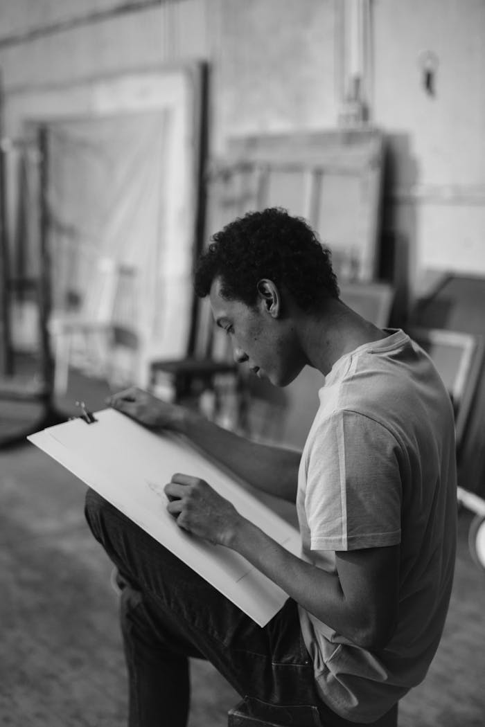 A dedicated artist is deeply engaged in sketching in an art studio, showcasing concentration and skill.